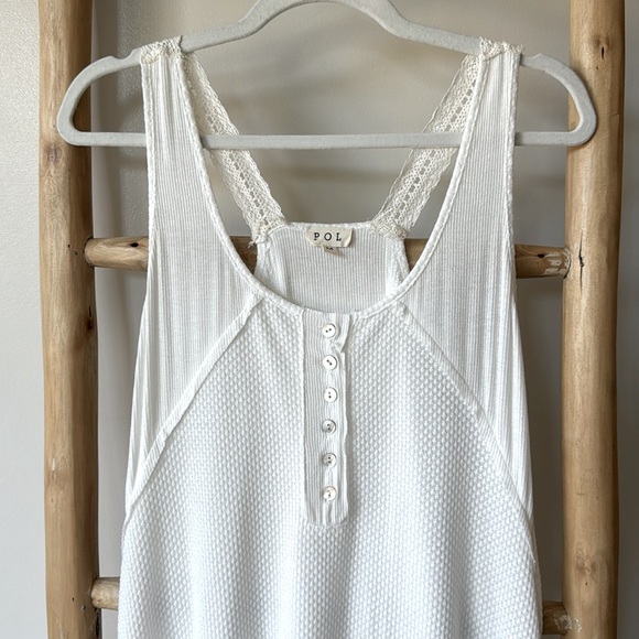 POL Off-White Racerback Soft Lace Strap Waffle Ribbed Button Top Tank Tunic M - Picture 2 of 7